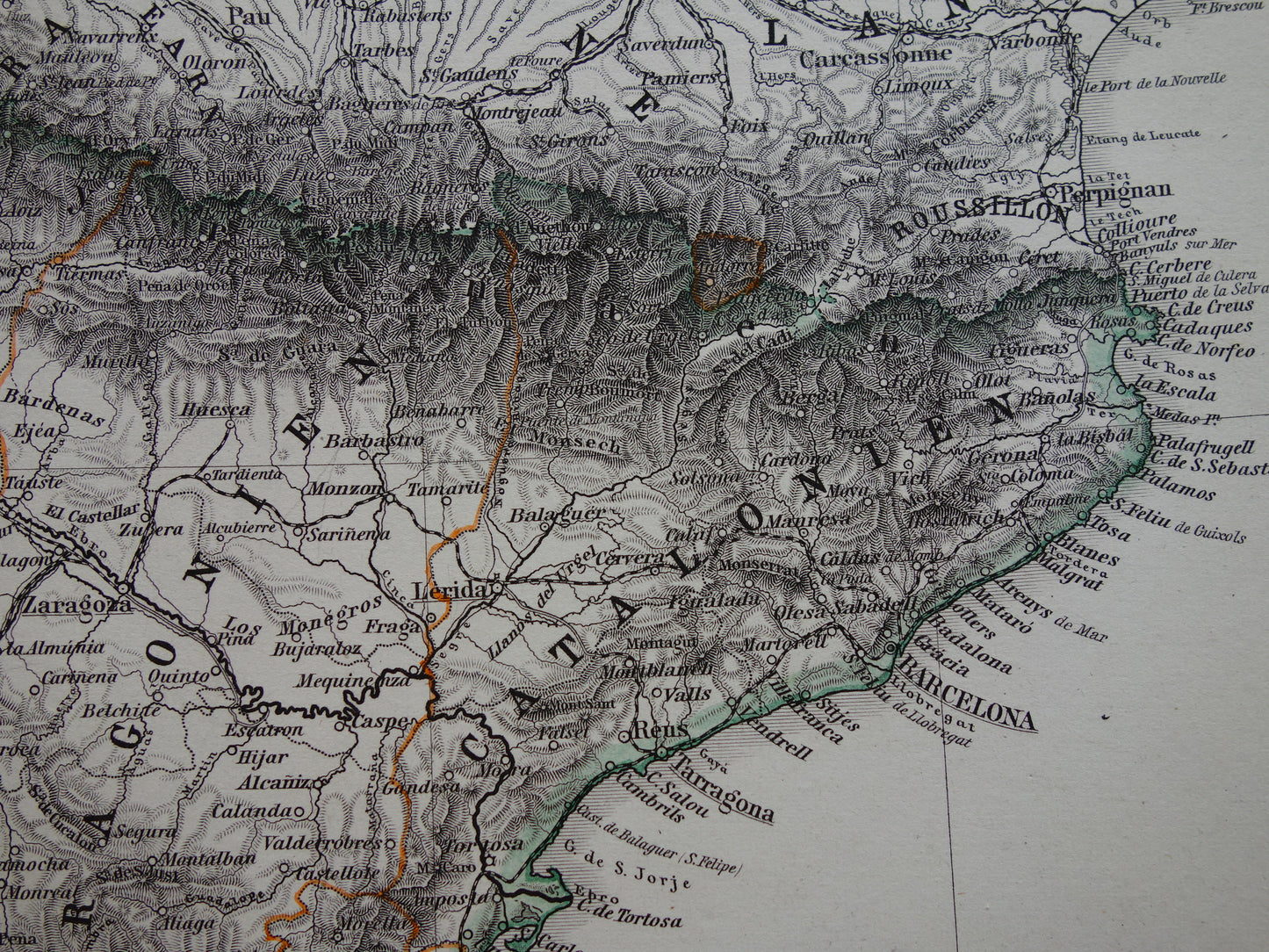 Oude kaart van Spanje en Portugal uit 1875 originele antieke landkaart Lissabon - vintage kaarten met datum