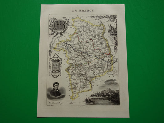 Vintage kaart van Cher departement in Frankrijk uit 1851 originele oude antieke landkaart Bourges Vierzon Baugy