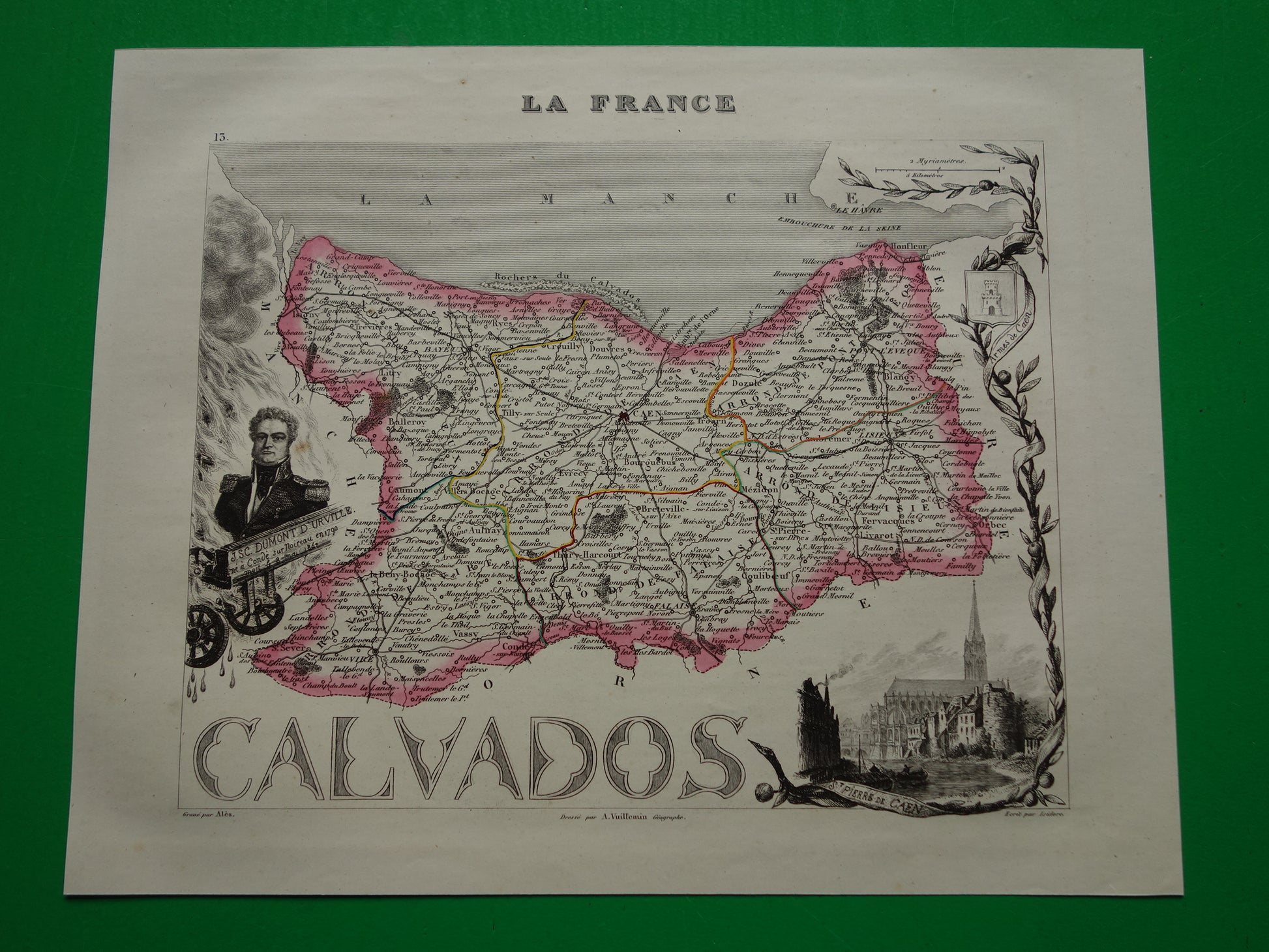 Antieke kaart van Calvados departement in Frankrijk uit 1851 originele oude handgekleurde landkaart Caen Hérouville-Saint-Clair Lisieux Bayeux
