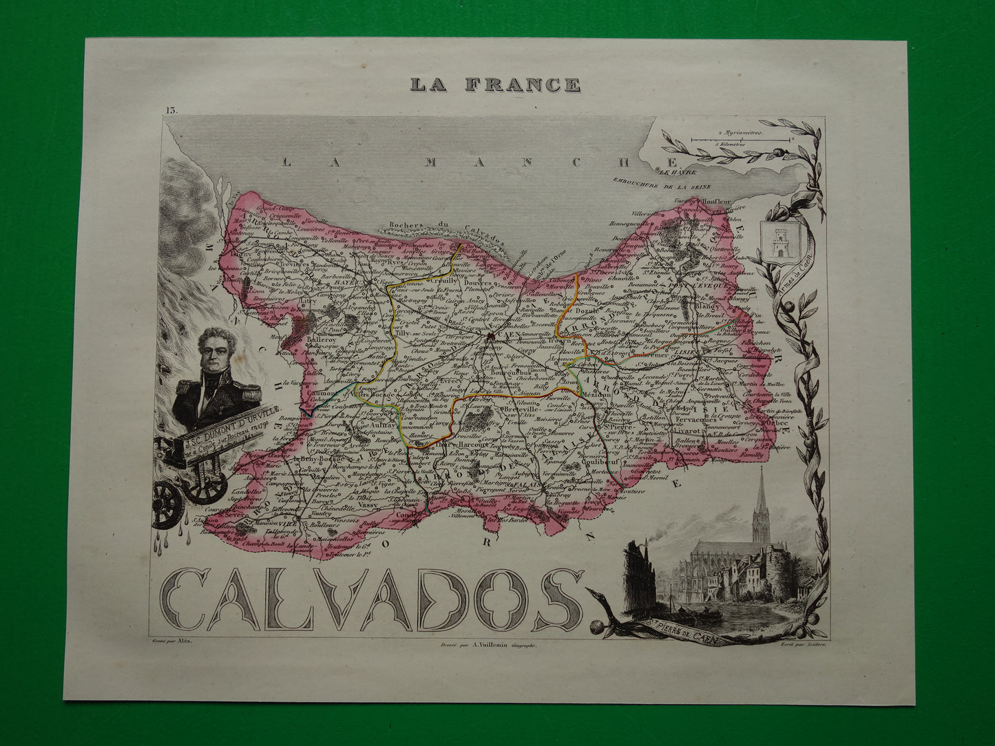 Antieke kaart van Calvados departement in Frankrijk uit 1851 originele oude handgekleurde landkaart Caen Hérouville-Saint-Clair Lisieux Bayeux