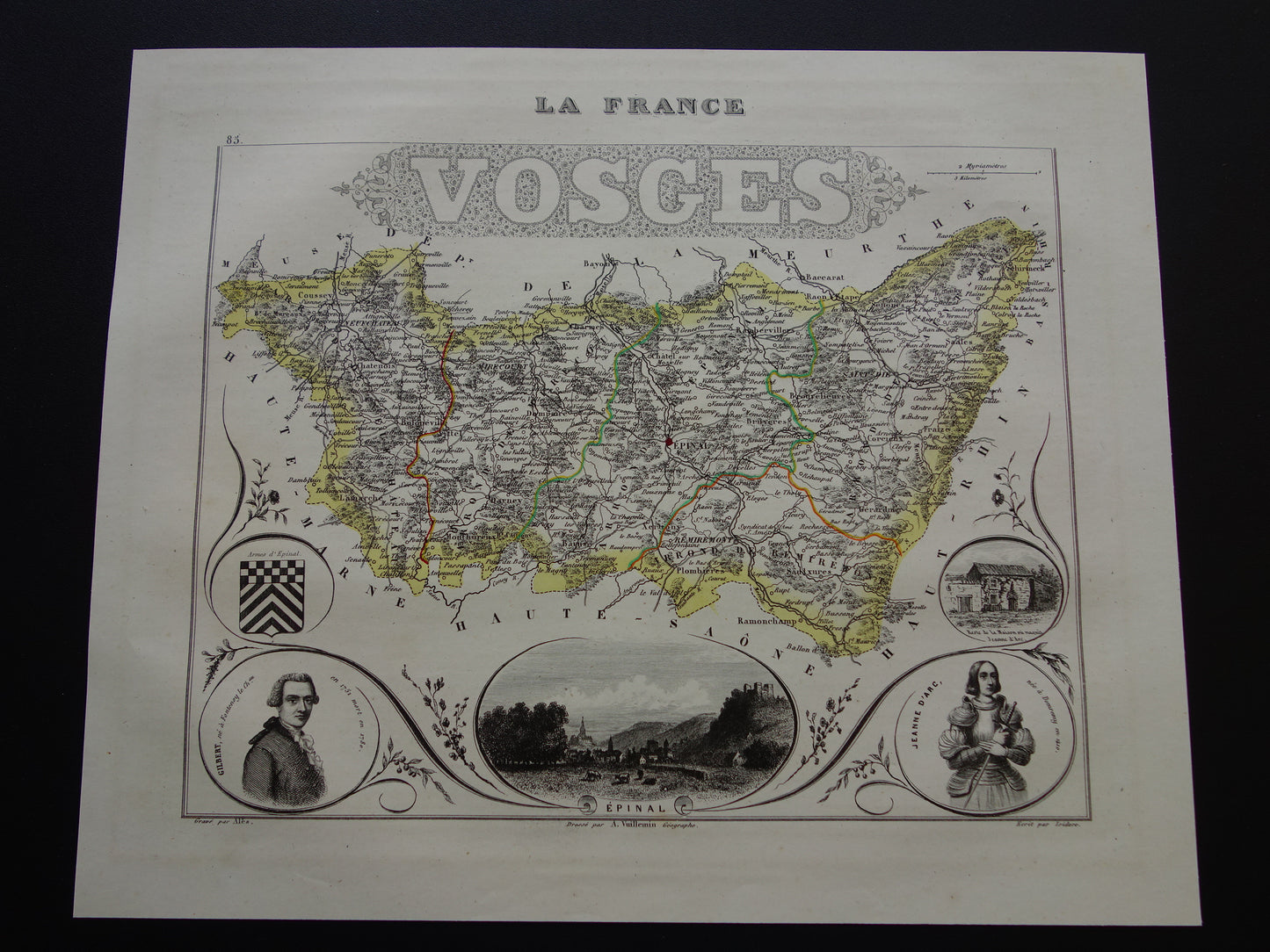 Oude kaart van VOSGES departement in Frankrijk uit 1851 originele antieke handgekleurde landkaart Épinal Contrexéville Gérardmer Jeanne d'Arc