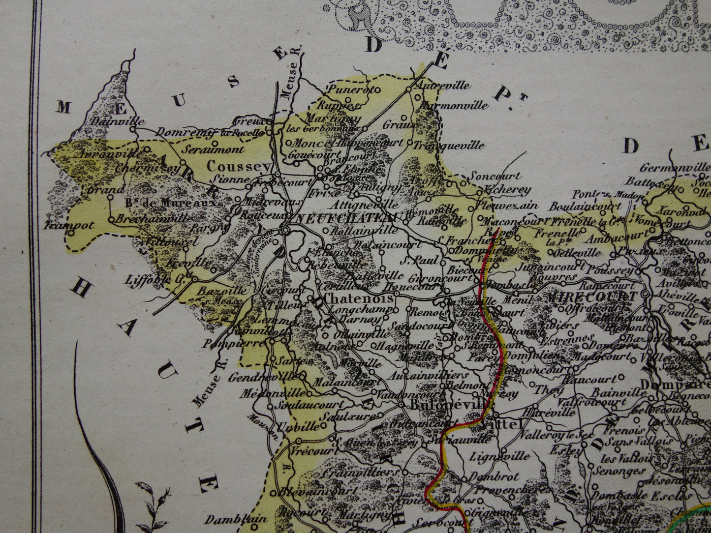 Oude kaart van VOSGES departement in Frankrijk uit 1851 originele antieke handgekleurde landkaart Épinal Contrexéville Gérardmer Jeanne d'Arc