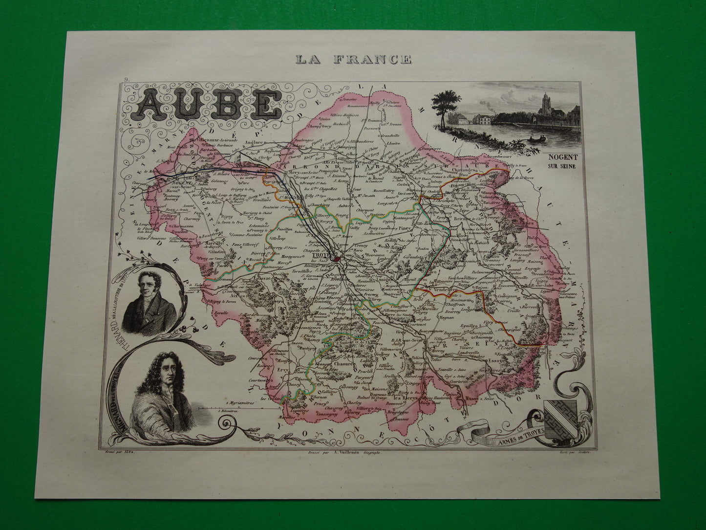 Antieke kaart van Aube departement in Frankrijk uit 1851 originele oude handgekleurde landkaart Troyes Bar sur Aube Seine Nogent