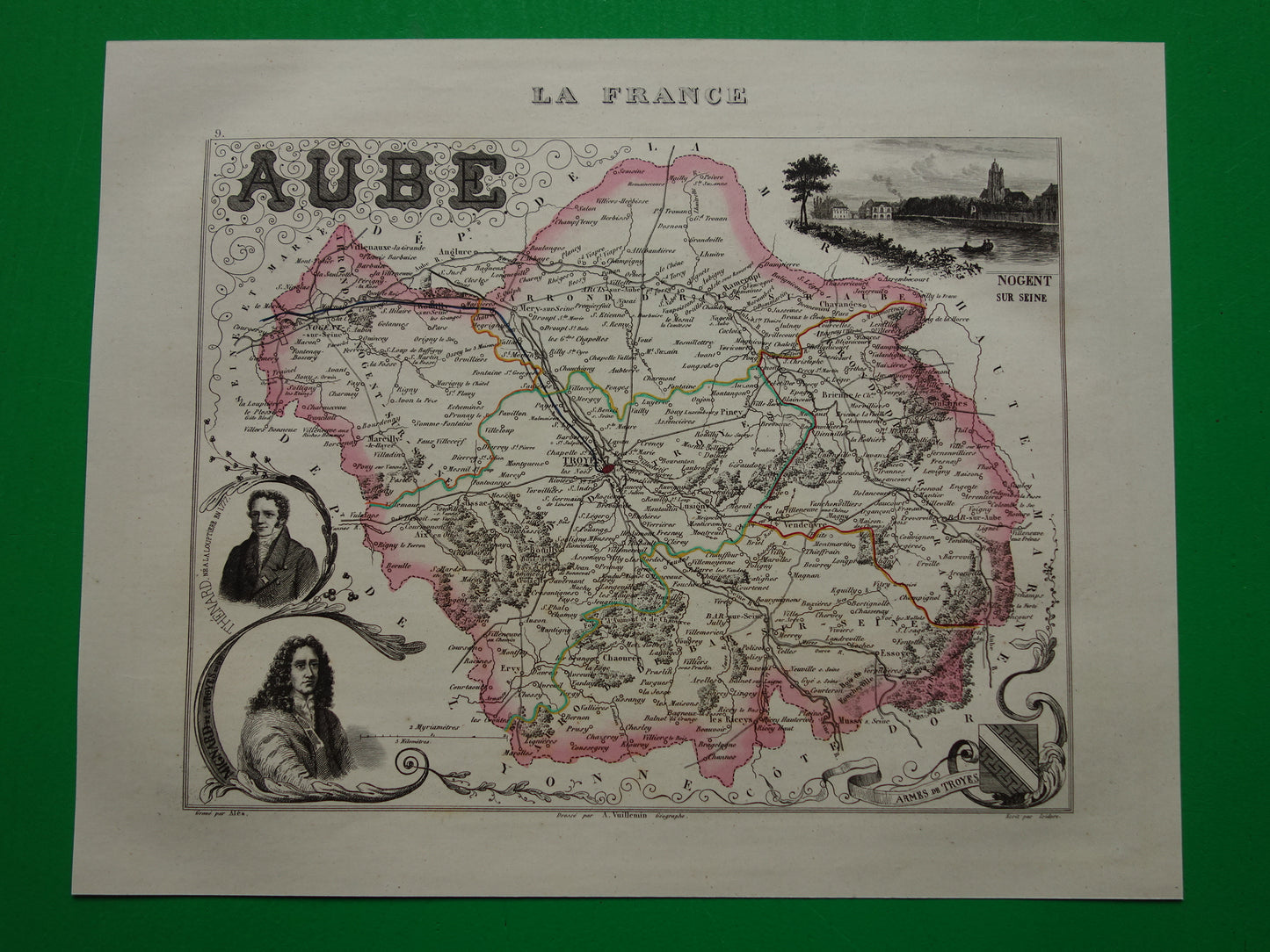 Antieke kaart van Aube departement in Frankrijk uit 1851 originele oude handgekleurde landkaart Troyes Bar sur Aube Seine Nogent