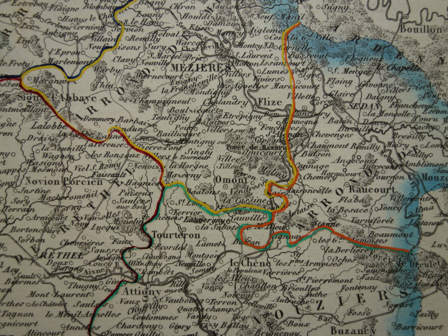 Oude kaart van Ardennes departement in Frankrijk uit 1851 originele antieke handgekleurde landkaart Charleville Mezieres Rethel Sedan Revin
