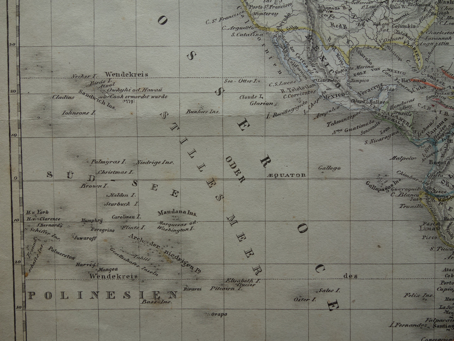 AMERIKA oude kaart van Noord- en Zuid-Amerika in 1849 originele antieke Duitse landkaart Noordpool Groenland Canada vintage print continent