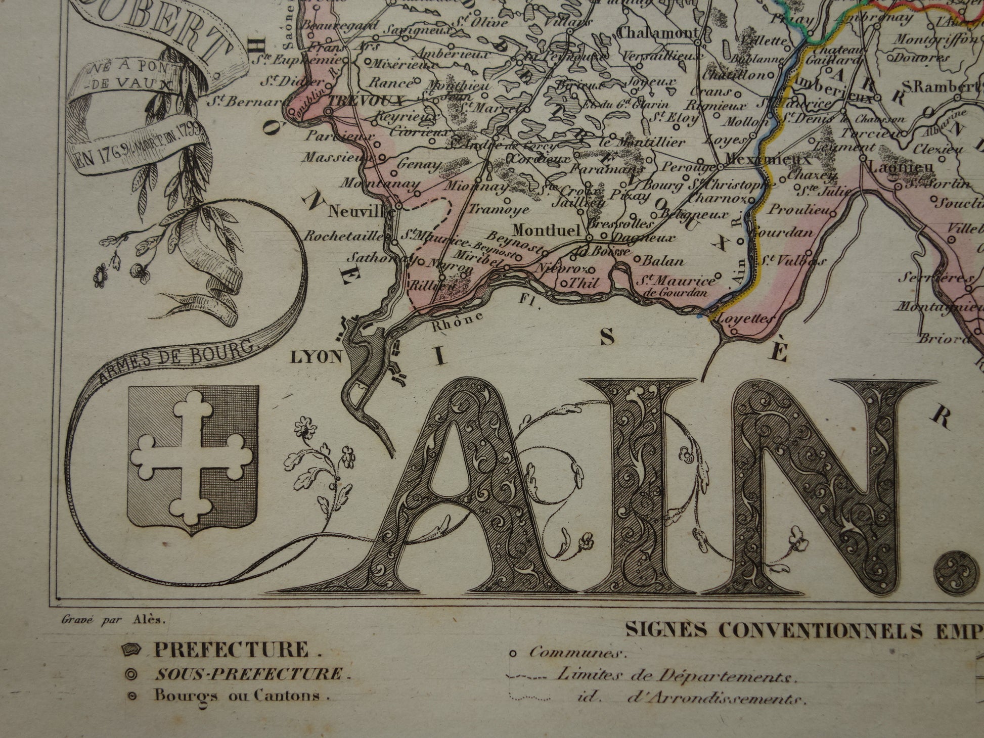 Oude kaart van AIN departement in Frankrijk uit 1851 originele antieke handgekleurde landkaart Bourg Belley Nantua Trevoux