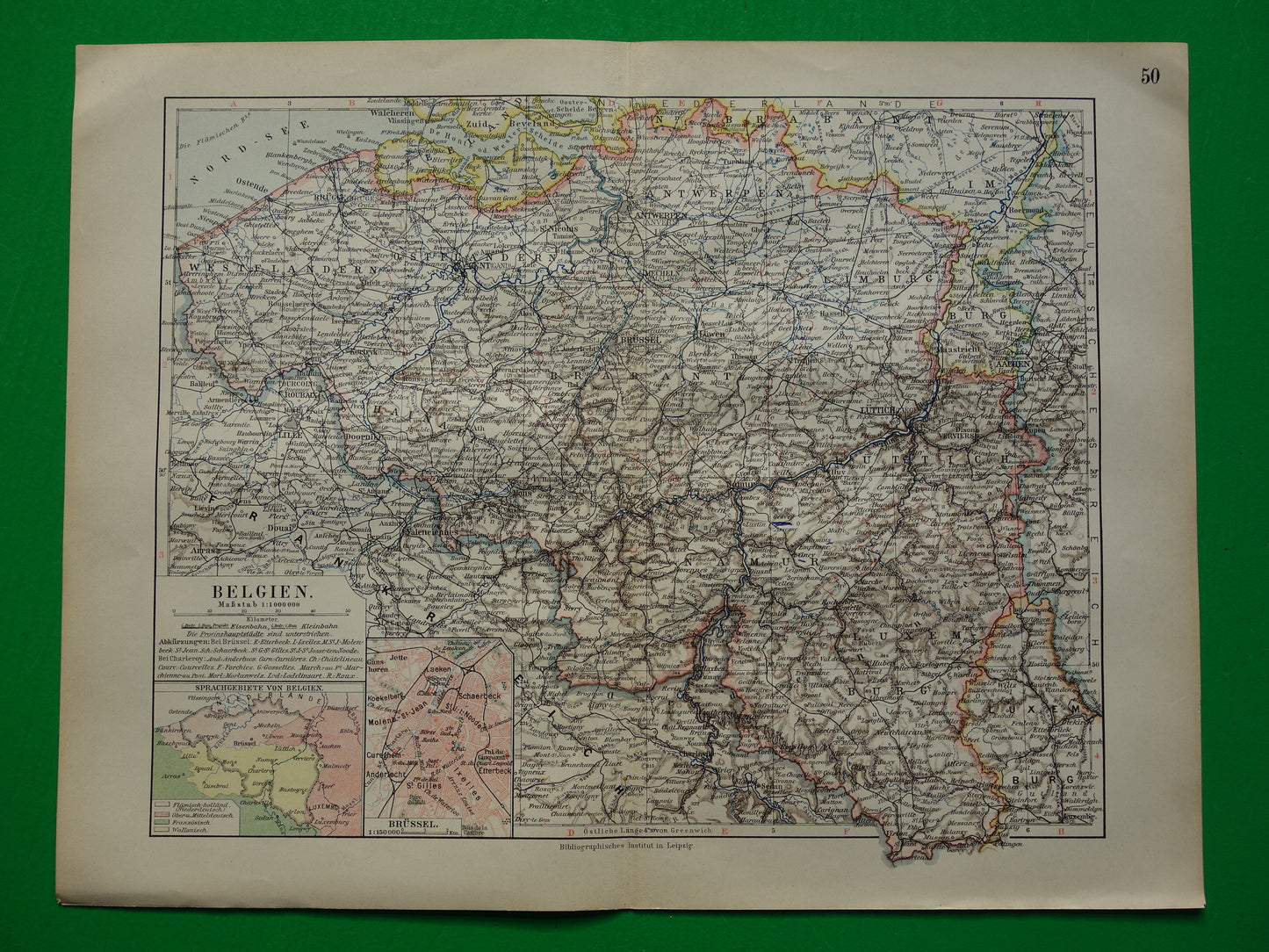 BELGIE vintage landkaart van België uit 1905 originele oude antieke Duitse kaart van België
