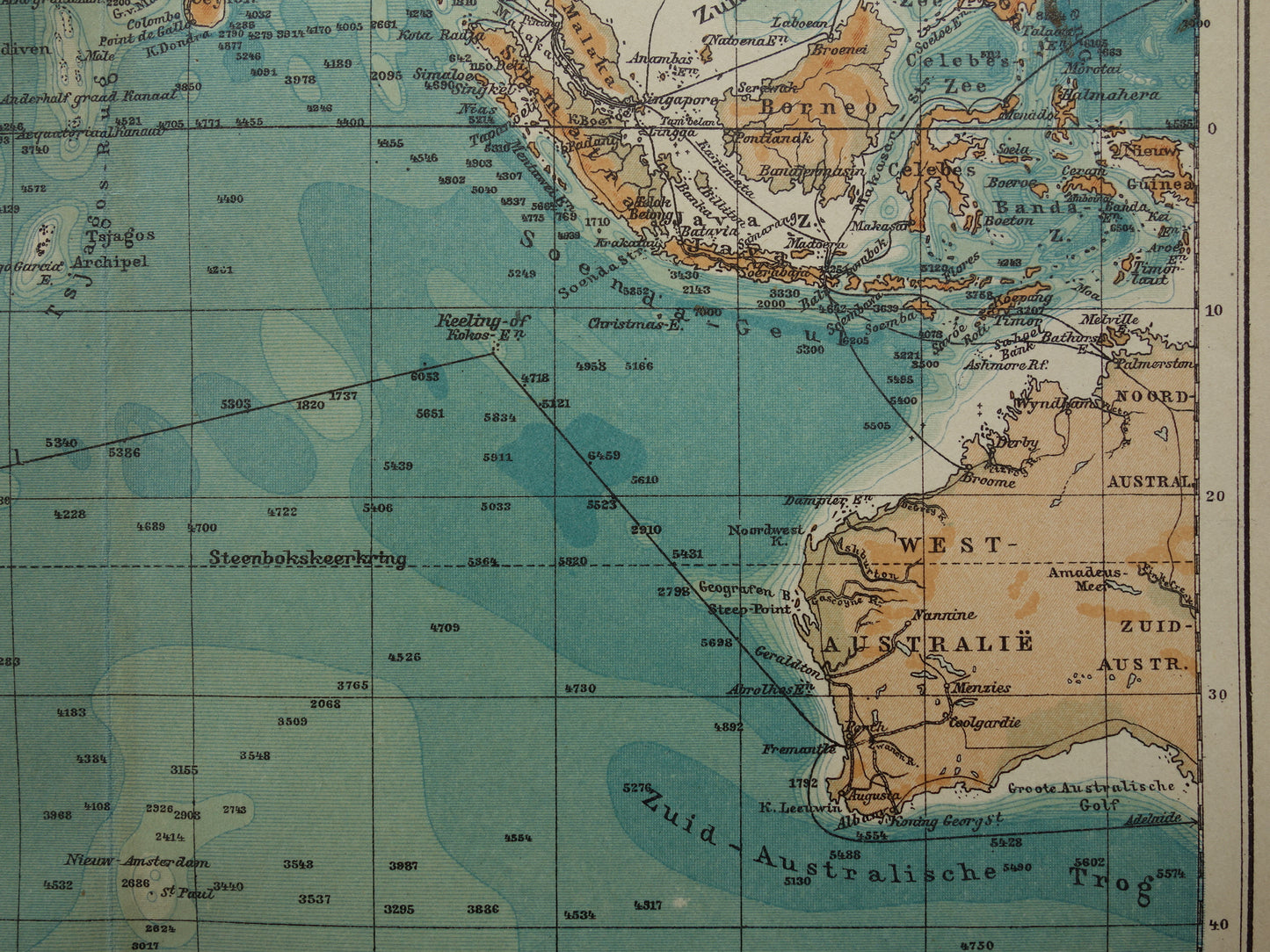 Oude kaart van de Indische Oceaan Originele 110+ jaar oude antieke Nederlandse landkaart zeekaart
