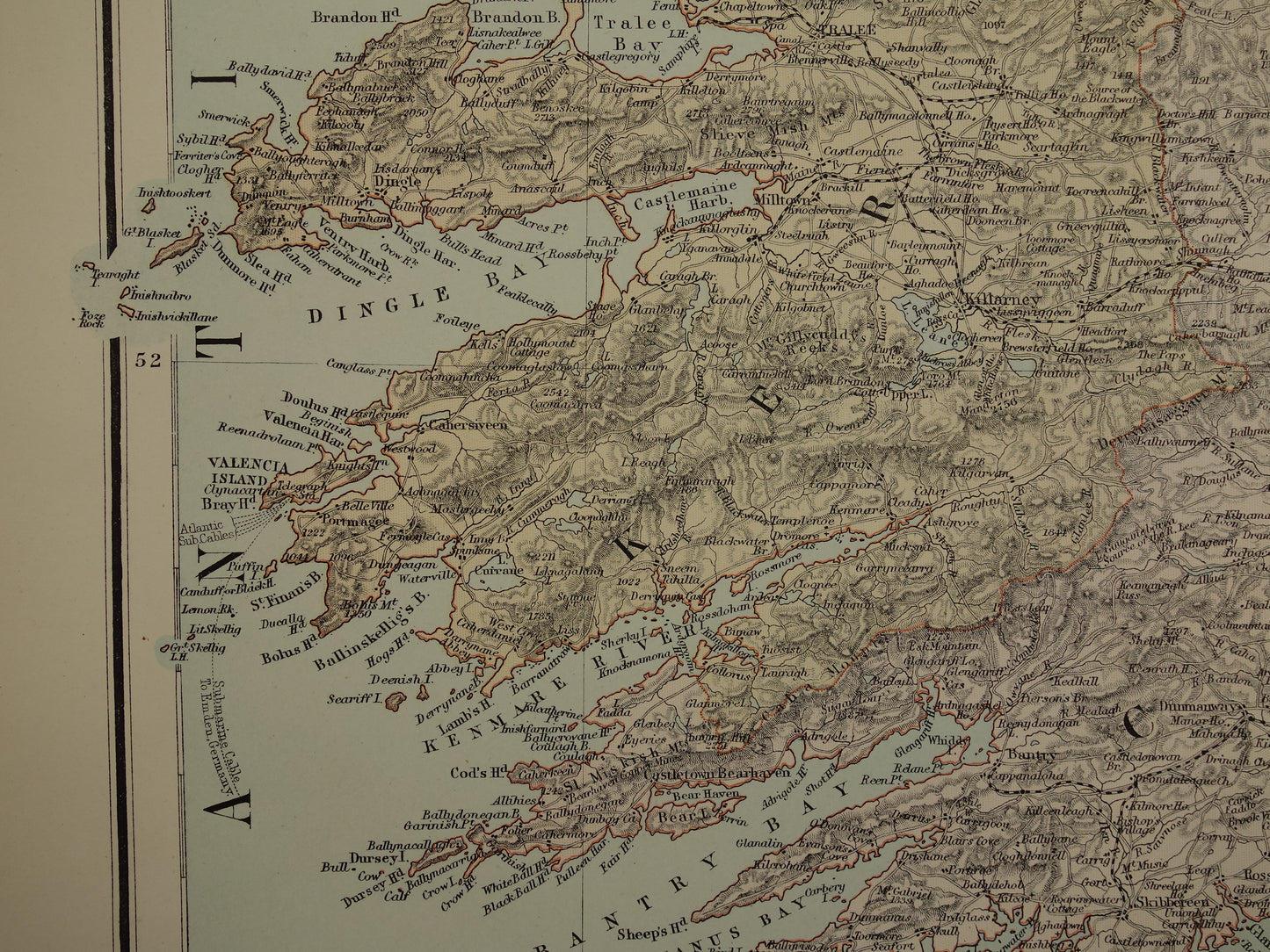 Grote oude landkaart van Ierland uit 1890 originele oude Engelse kaart van zuid Ierland Cork Dublin Wicklow groot formaat vintage landkaarten
