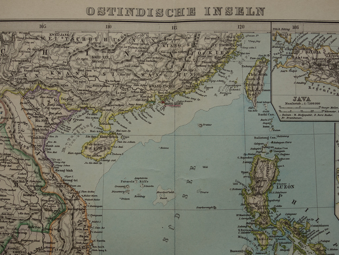 INDONESIË antieke kaart van Indonesië Filipijnen Zuidoost-Azië 1885 Mooie originele oude landkaart van Batavia Atjeh Java