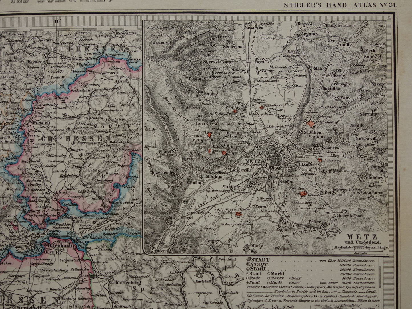 Antieke kaart van zuidwest Duitsland 1885 Mooie originele oude landkaart van Stuttgart Karlsruhe Hessen Darmstadt Mannheim Straatsburg Lotharingen Hunsrück vintage landkaarten