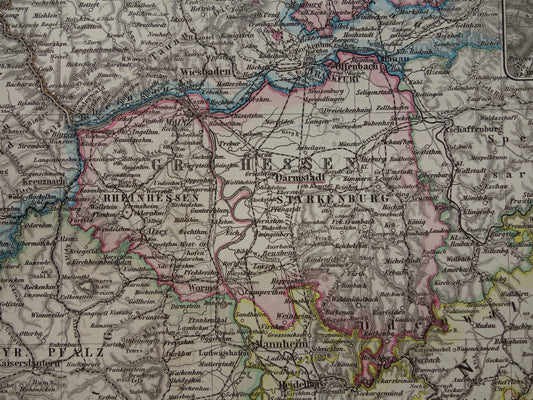 Antieke kaart van zuidwest Duitsland 1885 Mooie originele oude landkaart van Stuttgart Karlsruhe Hessen Darmstadt Mannheim Straatsburg Lotharingen Hunsrück vintage landkaarten