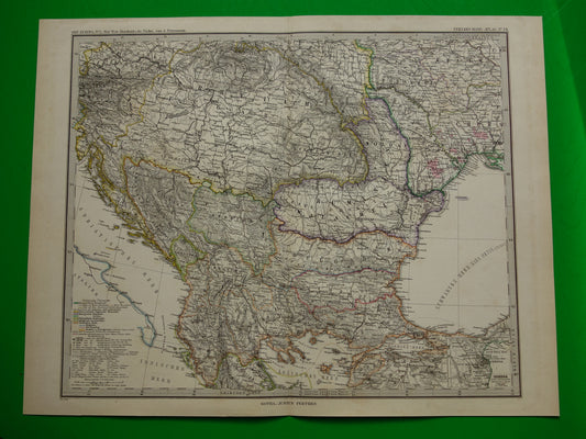 Oude landkaart van de Balkan uit 1885 originele antieke kaart/poster Turkse Rijk in Europa met Servië Roemenië Montenegro