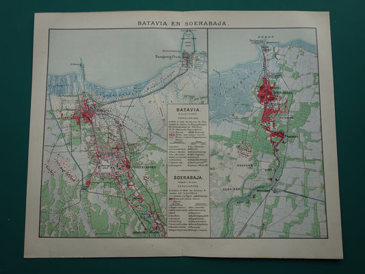 Oude kaart van Jakarta en Soerabaja Indonesië 1905 originele antieke plattegrond Batavia Surabaya vintage kaarten