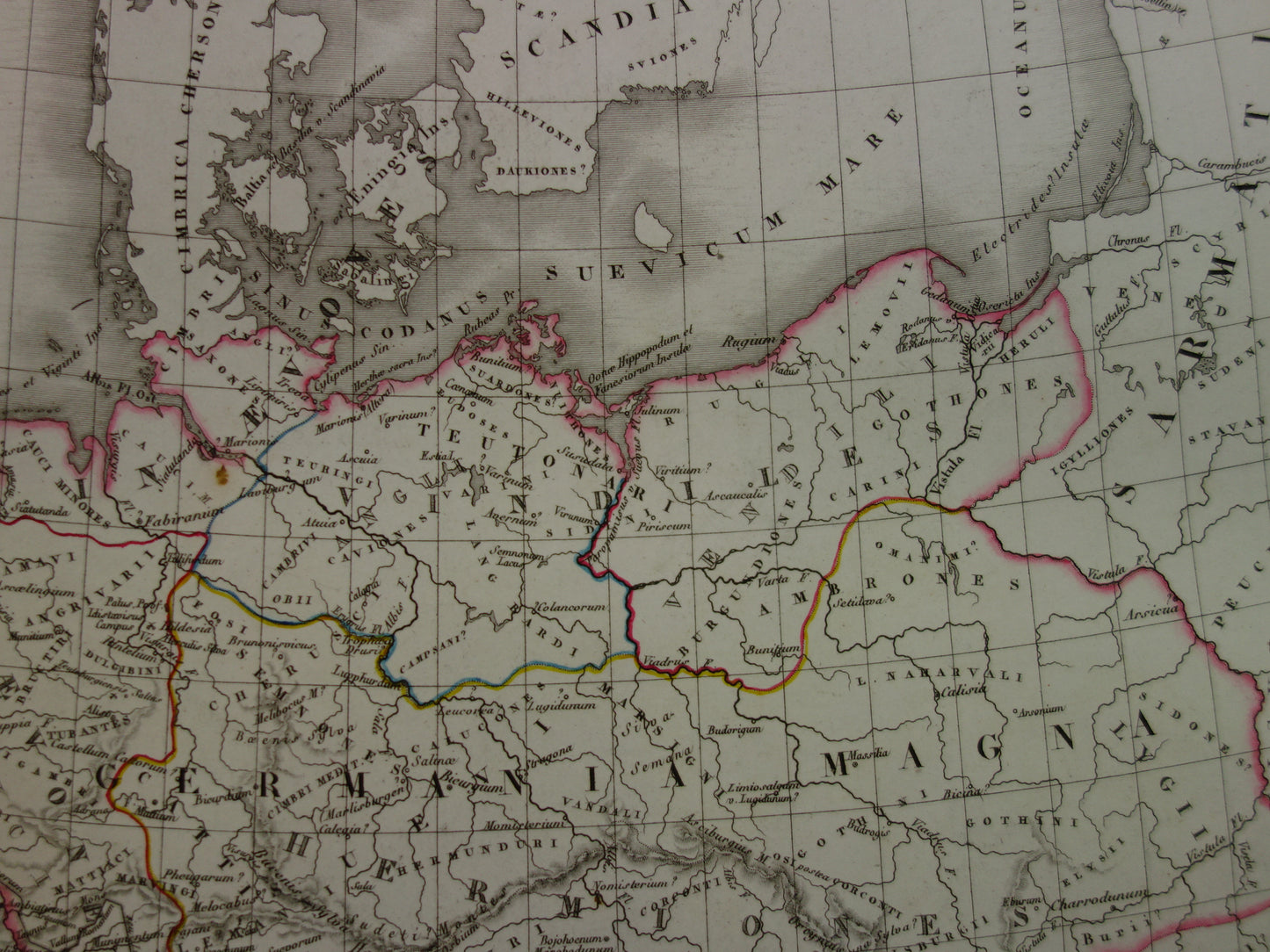 Grote oude landkaart van Groot-Brittanië en Duitsland in de Romeinse tijd 1827 originele antieke handgekleurde kaart poster van Romeinse Rijk Brittannia Hibernia Germania