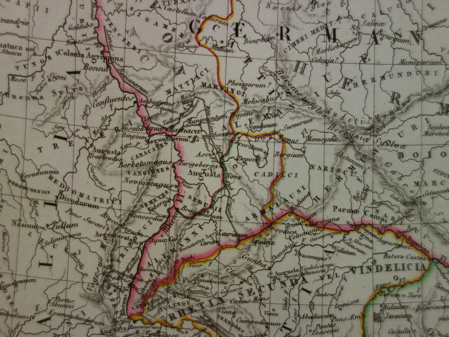 Grote oude landkaart van Groot-Brittanië en Duitsland in de Romeinse tijd 1827 originele antieke handgekleurde kaart poster van Romeinse Rijk Brittannia Hibernia Germania