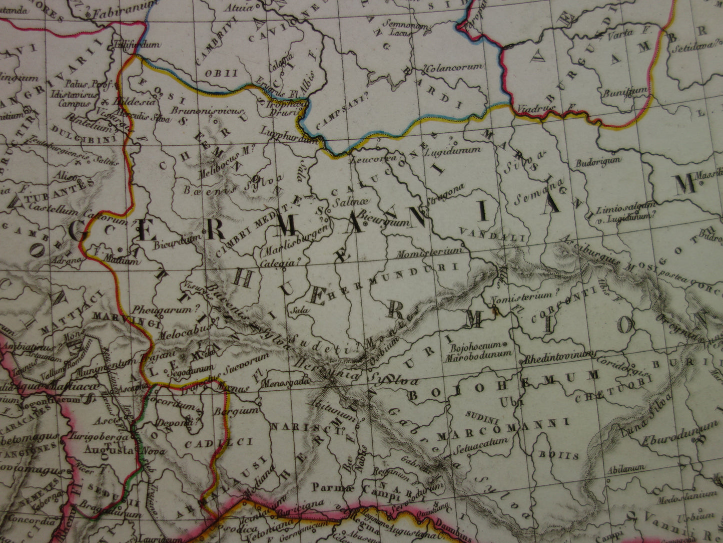Grote oude landkaart van Groot-Brittanië en Duitsland in de Romeinse tijd 1827 originele antieke handgekleurde kaart poster van Romeinse Rijk Brittannia Hibernia Germania