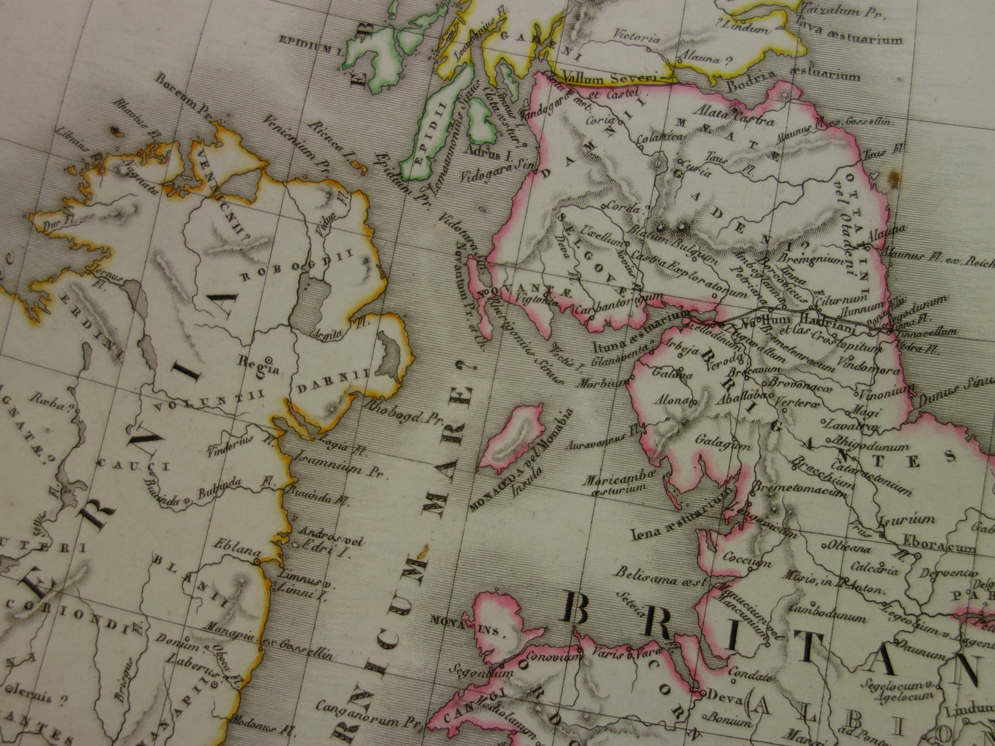 Grote oude landkaart van Groot-Brittanië en Duitsland in de Romeinse tijd 1827 originele antieke handgekleurde kaart poster van Romeinse Rijk Brittannia Hibernia Germania