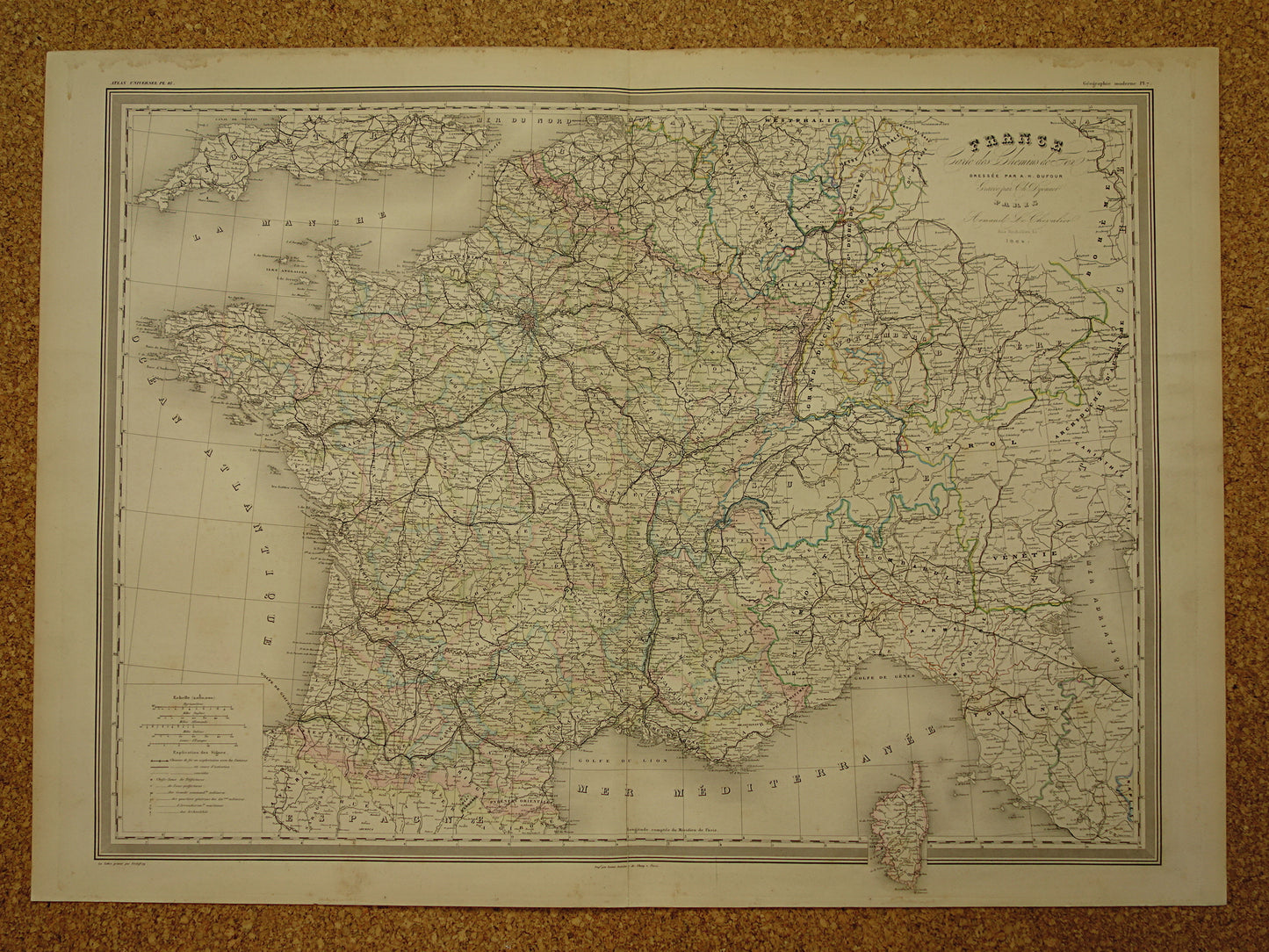 Oude landkaart van Frankrijk uit 1864 zeer grote antieke kaart Vintage handgekleurde kaarten met jaartal