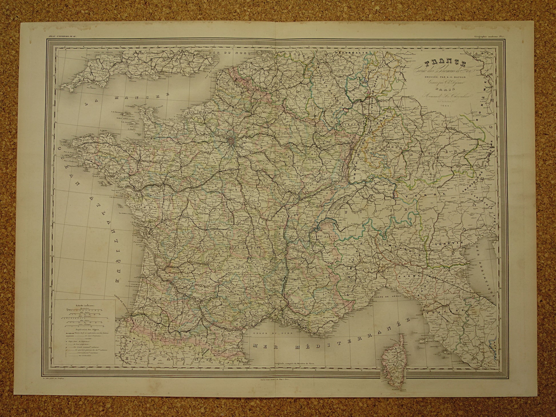 Oude landkaart van Frankrijk uit 1864 zeer grote antieke kaart Vintage handgekleurde kaarten met jaartal