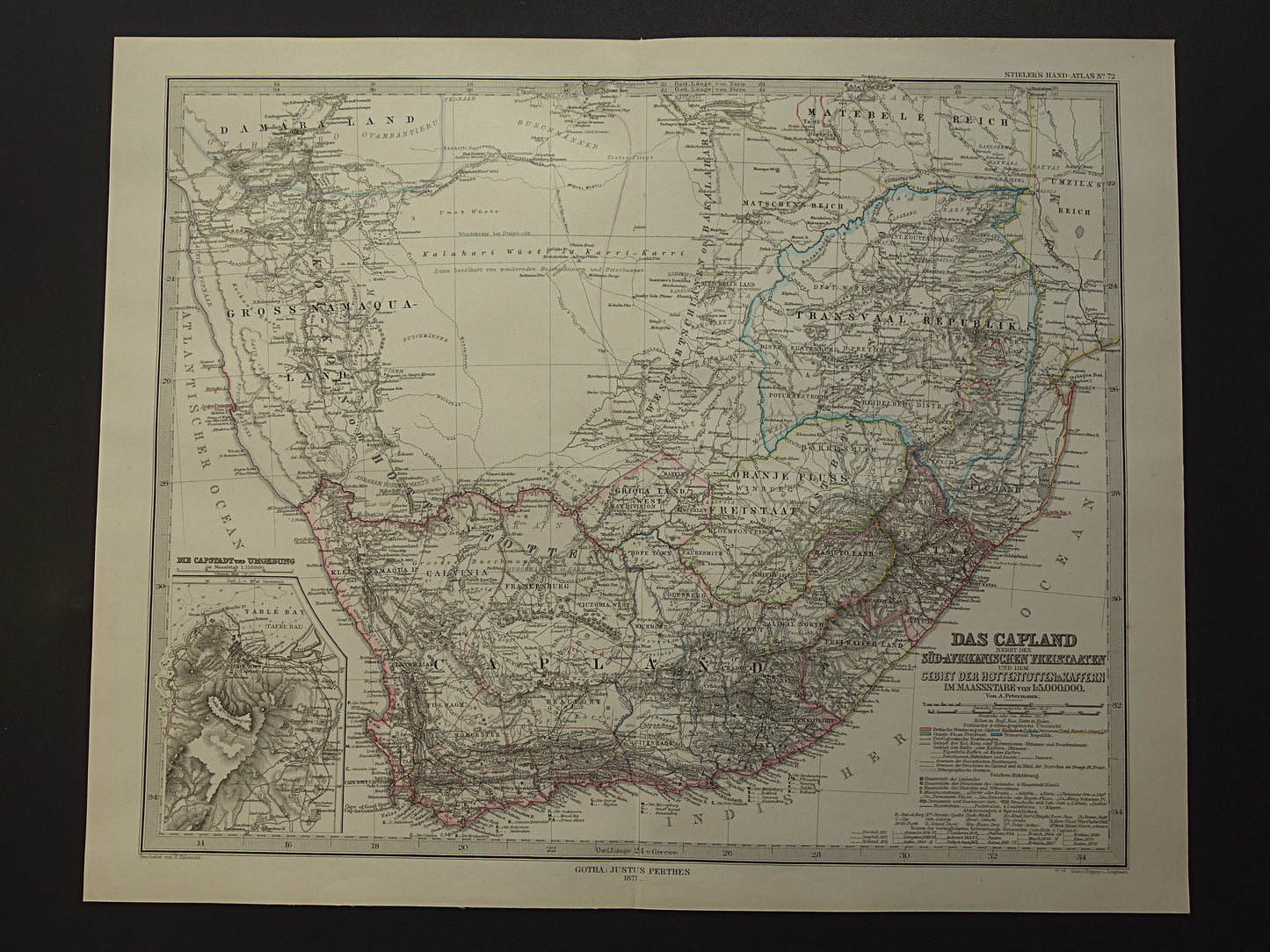 Oude landkaart van Zuid-Afrika in 1877 Grote originele 145+ jaar antieke kaart van Oranje Vrijstaat Namibië Botswana Kaapland Transvaal