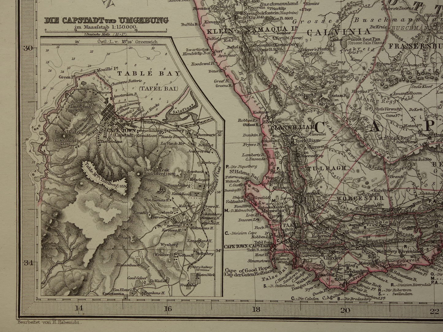 Oude landkaart van Zuid-Afrika in 1877 Grote originele 145+ jaar antieke kaart van Oranje Vrijstaat Namibië Botswana Kaapland Transvaal