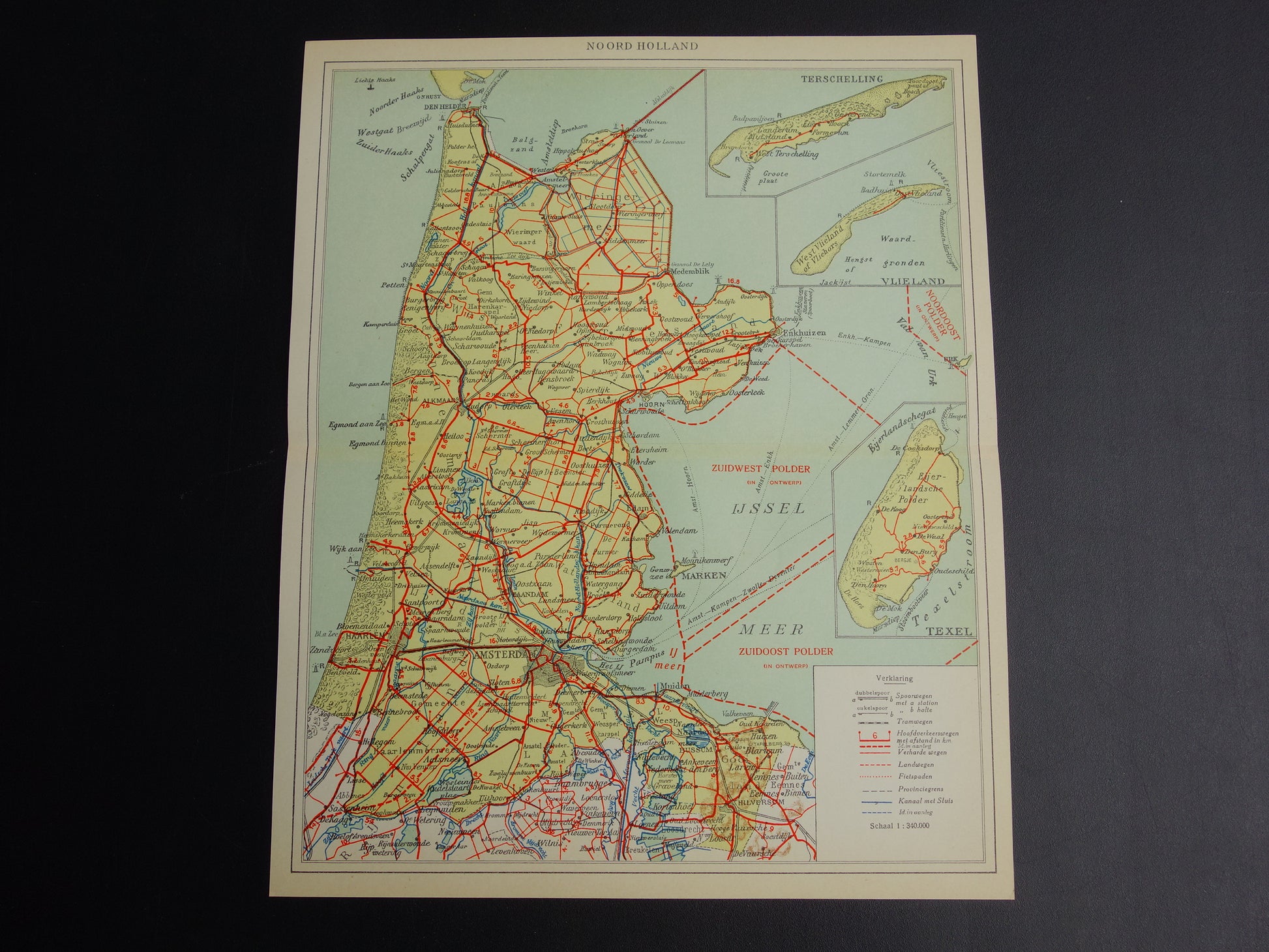 Noord-Holland Oude landkaart van de provincie Noord-Holland uit 1936 originele vintage kaart Zaandam Alkmaar Texel - antieke landkaarten