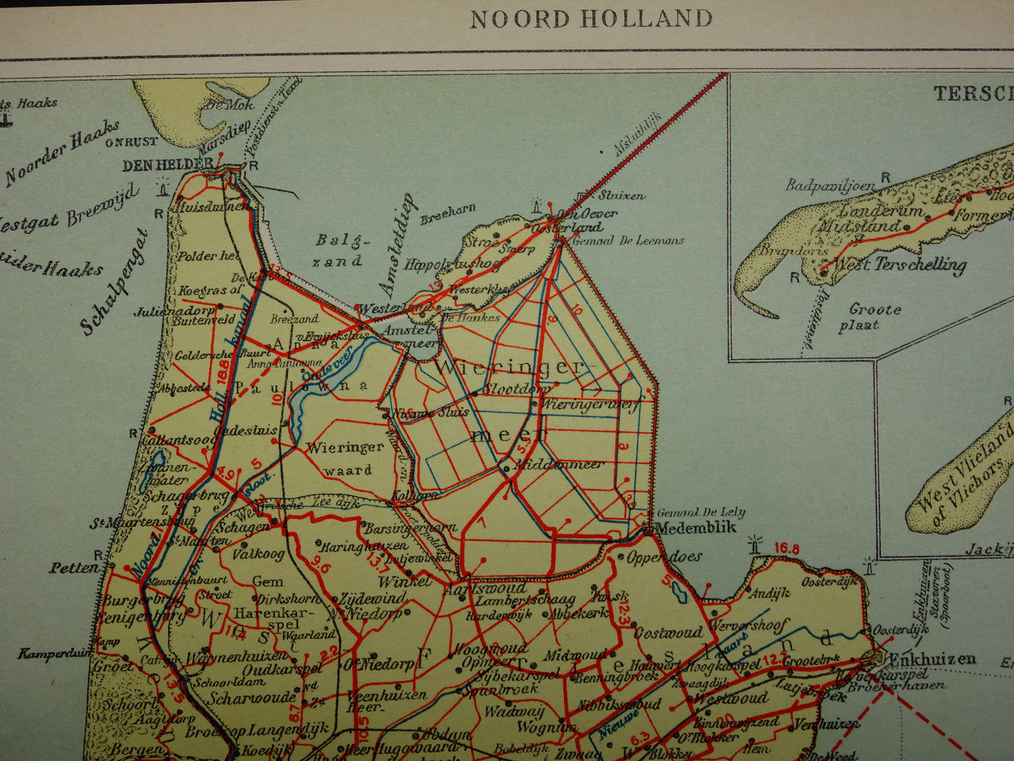 Noord-Holland Oude landkaart van de provincie Noord-Holland uit 1936 originele vintage kaart Zaandam Alkmaar Texel - antieke landkaarten