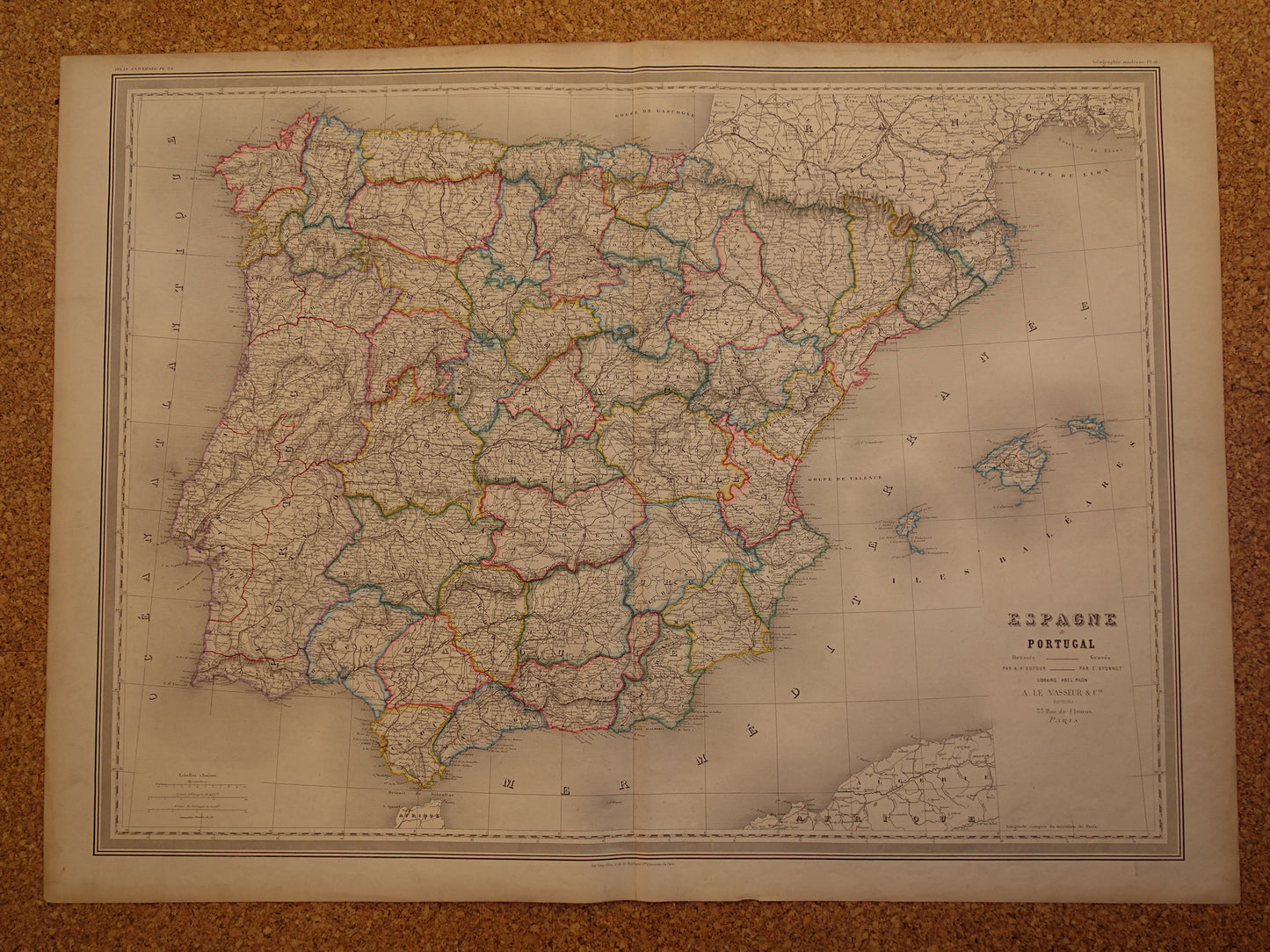 Grote antieke landkaart van Spanje en Portugal uit 1886 Zeer mooie handgekleurde Franse kaart Originele vintage kaarten