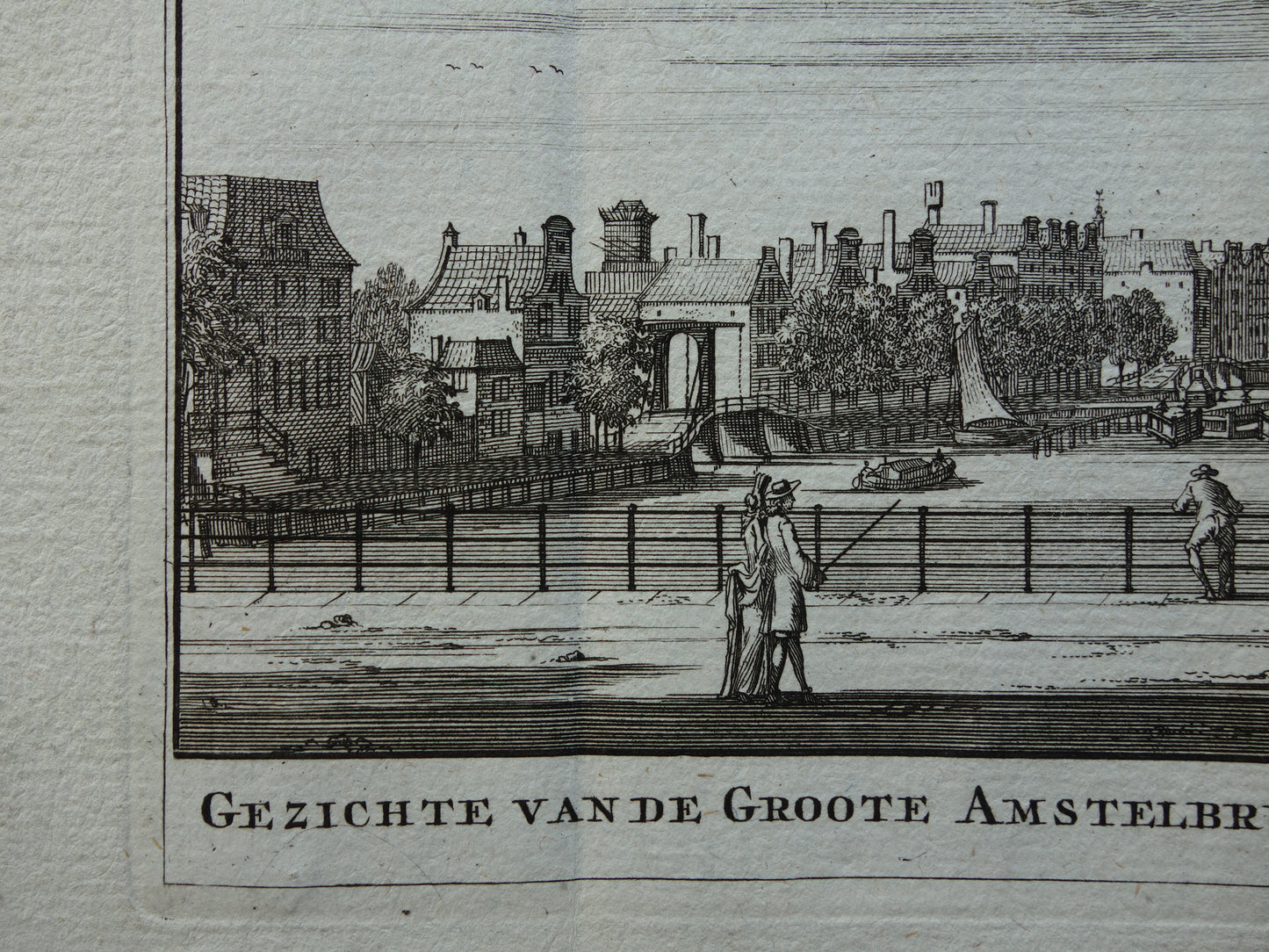 Amstel rivier Hogesluis Oude prent Amsterdam Originele antieke gravure Magere Brug Amstelsluis Historisch stadsgezicht Vintage Print