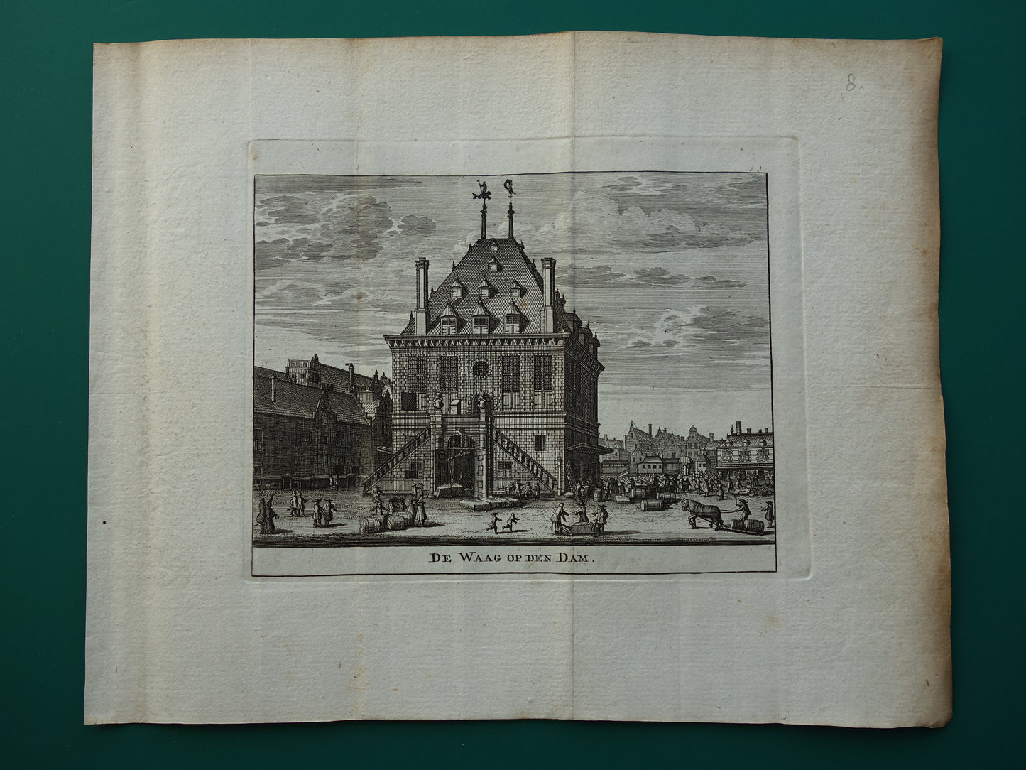 De Waag op de Dam Oude prent Amsterdam Originele antieke gravure Damplein Historisch stadsgezicht Vintage Print