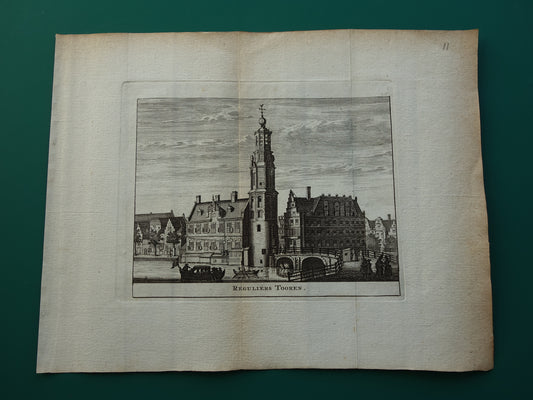 Oude prent van de Munttoren in Amsterdam Originele antieke gravure Reguliers Tooren Muntplein Historisch stadsgezicht Toren Vintage Print