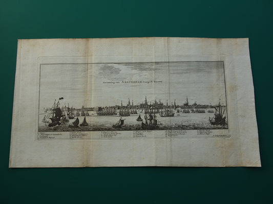 Oude prent van Amsterdam stadsgezicht Originele antieke gravure panorama haven Amsterdam Vintage Print