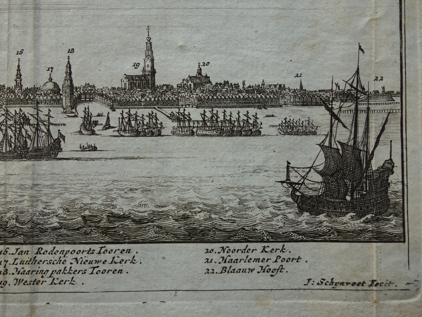 Oude prent van Amsterdam stadsgezicht Originele antieke gravure panorama haven Amsterdam Vintage Print