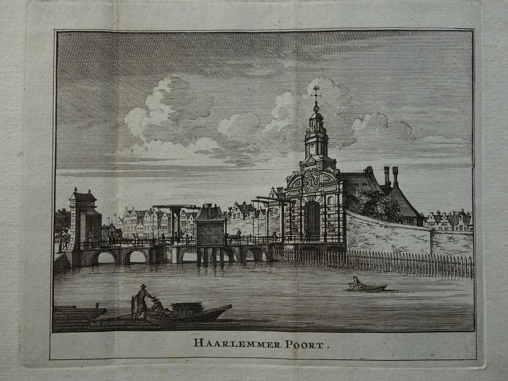 Oude prent van de Haarlemmerpoort in Amsterdam Originele antieke gravure Haarlemmer Poort Historisch stadsgezicht Vintage Print