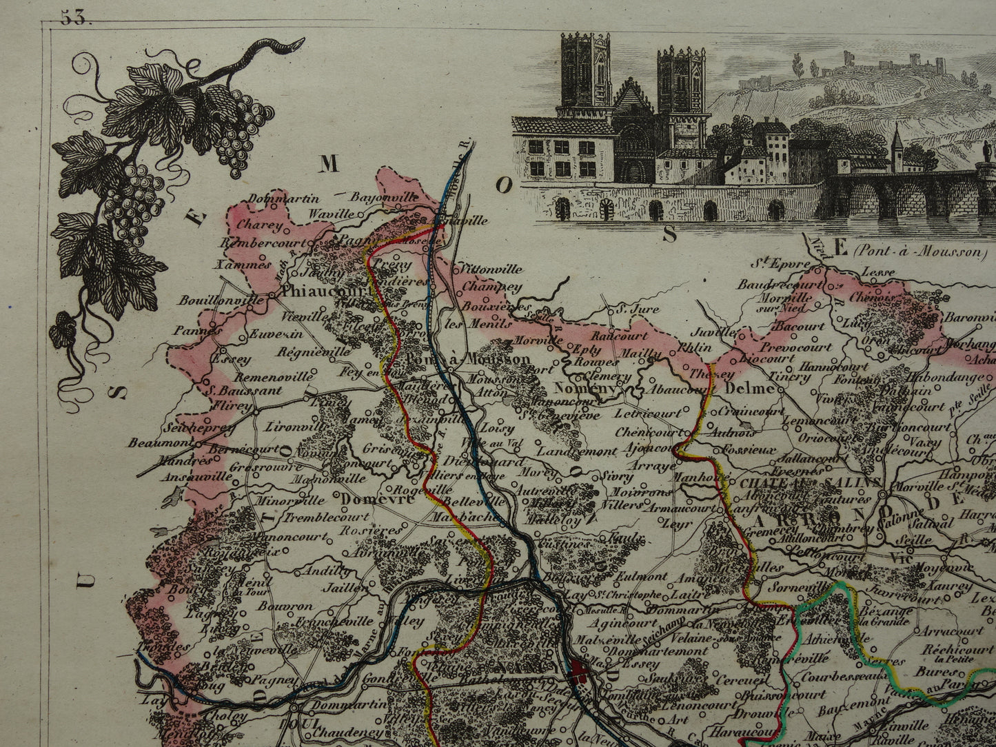 Oude kaart van Meurthe  departement in Frankrijk uit 1851 originele antieke landkaart Nancy Lunéville Pont-à-Mousson historische kaarten