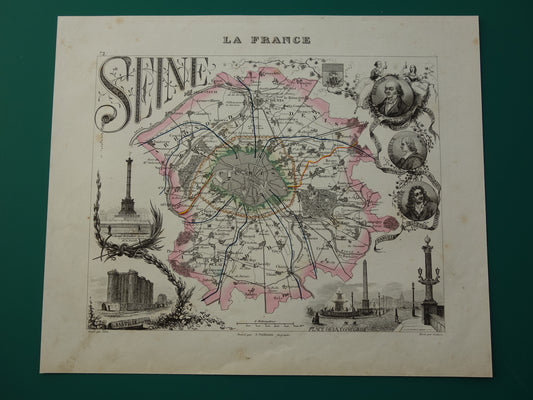 Vintage kaart van Parijs en omgeving Originele antieke plattegrond Seine departement Oude kaarten Parijs in 1851