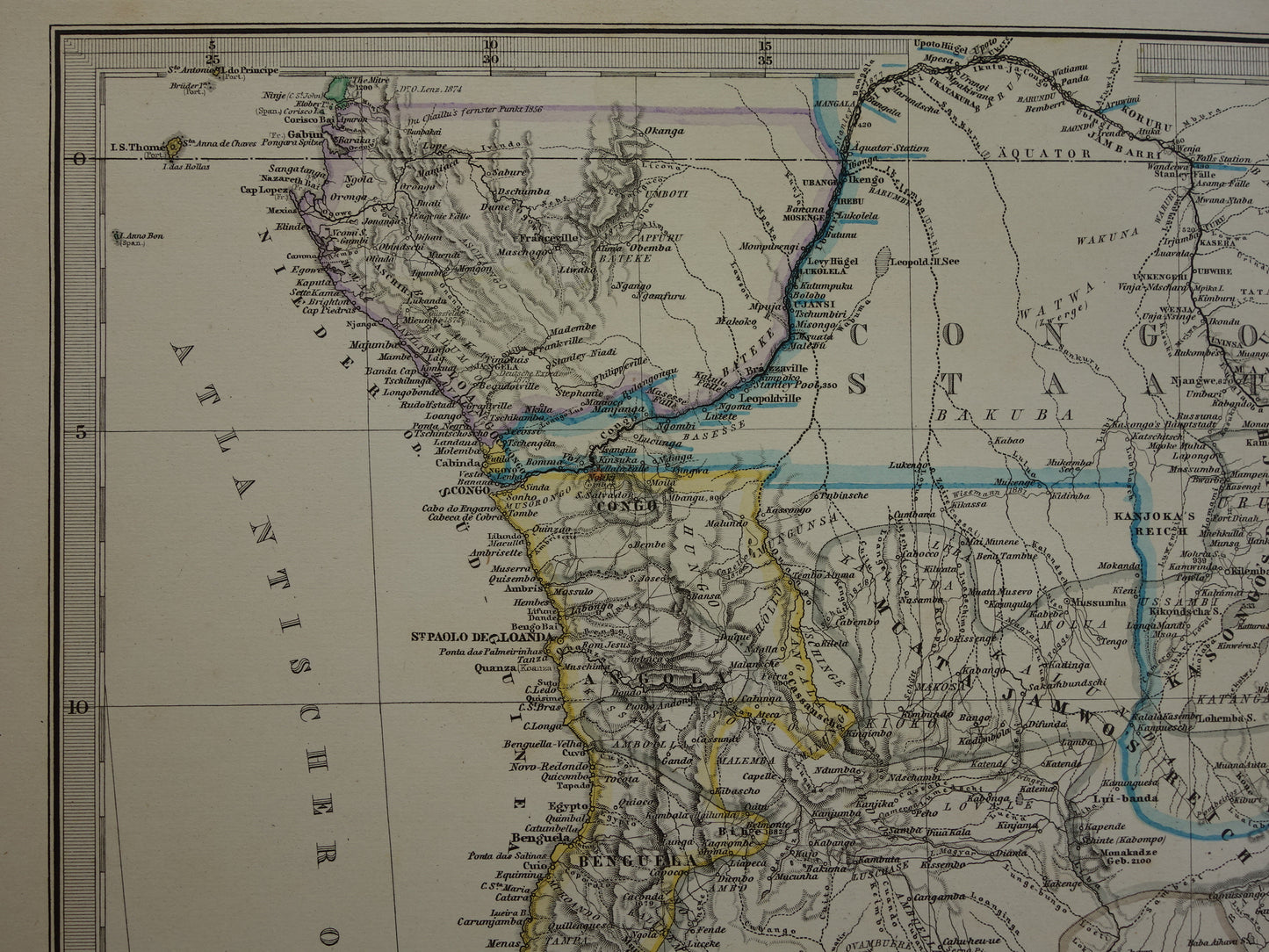Antieke landkaart van Afrika in 1885 Grote originele 135+ jaar oude kaart van Zuid-Afrika Madagaskar Angola Namibië Botswana Tanzania Congo Mozambique Zambia Route Livingstone Andersson