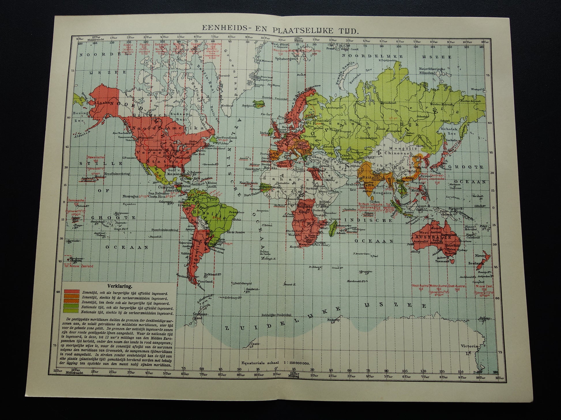 WERELDKAART oude kaart van de wereld met tijdzones 1907 originele antieke Nederlandse landkaart historische kaarten wintertijd zomertijd datumgrens