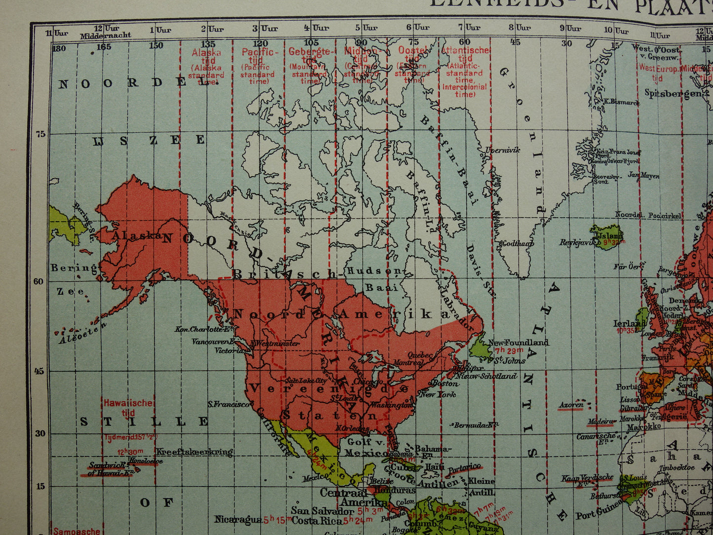 WERELDKAART oude kaart van de wereld met tijdzones 1907 originele antieke Nederlandse landkaart historische kaarten wintertijd zomertijd