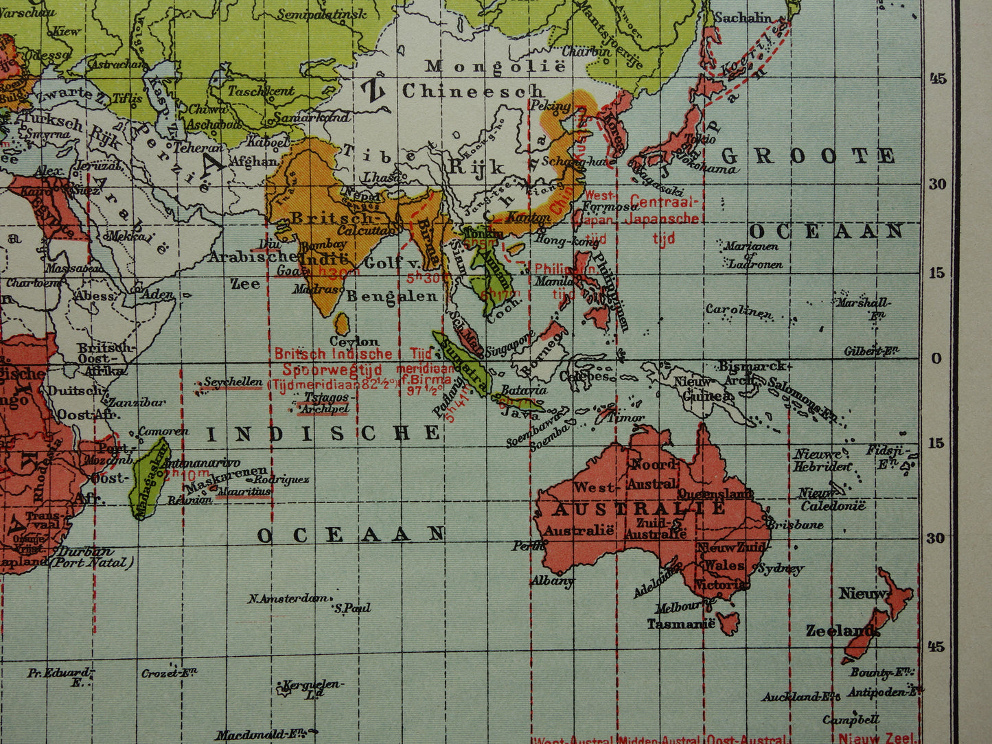 WERELDKAART oude kaart van de wereld met tijdzones 1907 originele antieke Nederlandse landkaart historische kaarten wintertijd zomertijd