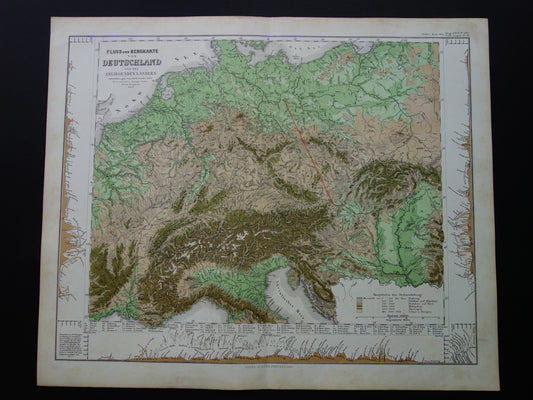 DUITSLAND oude kaart van Centraal Europa en Duitsland in 1863 originele antieke hoogtekaart Alpen Bergen Rivieren Geologie met jaartal te koop
