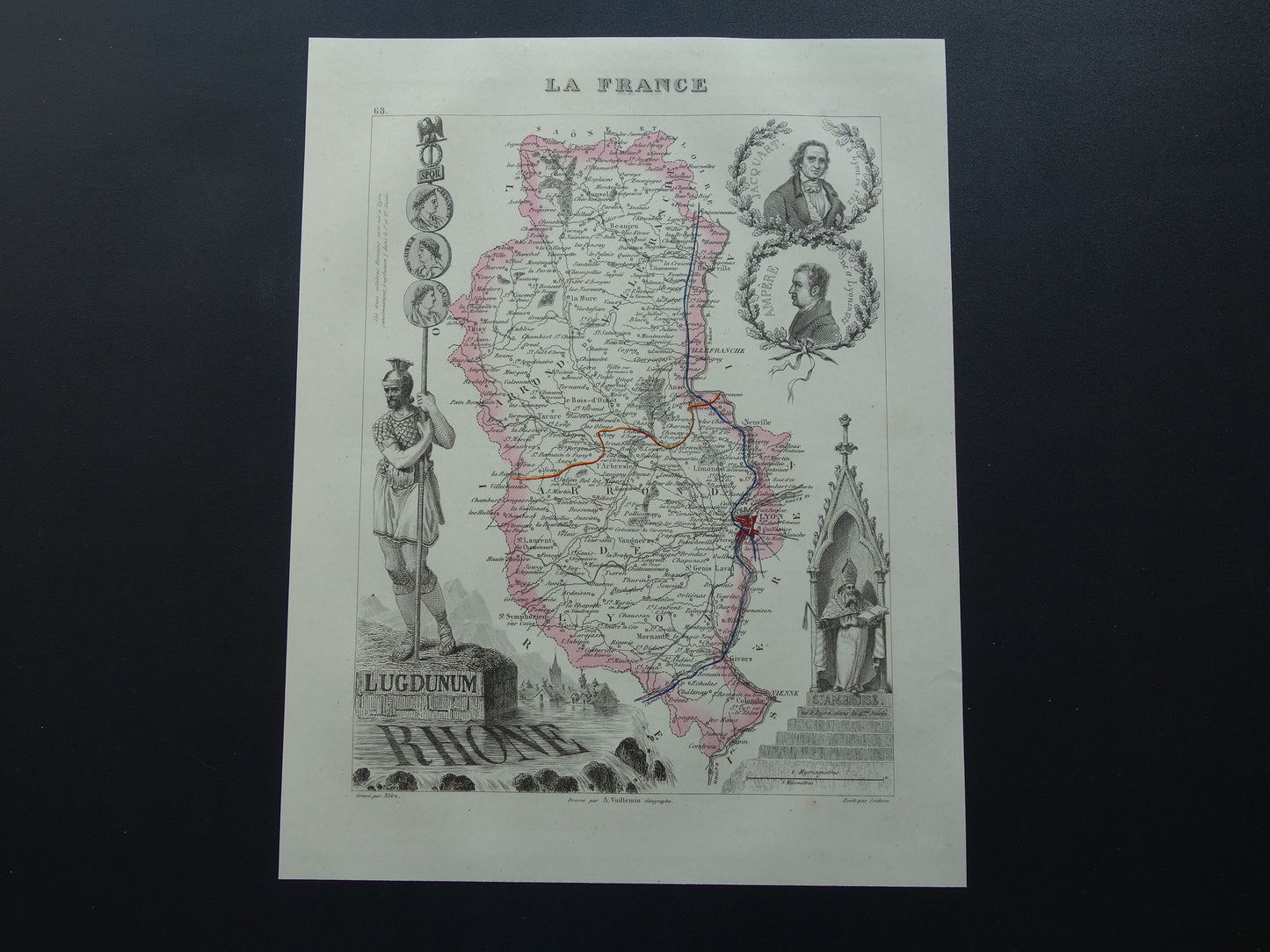 RHONE Oude kaart van Rhône departement in Frankrijk uit 1851 originele antieke landkaart Lyon historische kaarten