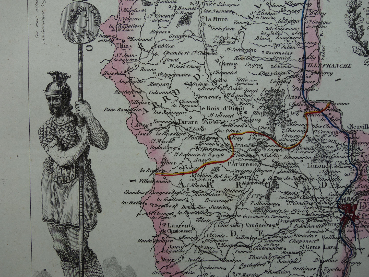 RHONE Oude kaart van Rhône departement in Frankrijk uit 1851 originele antieke landkaart Lyon historische kaarten