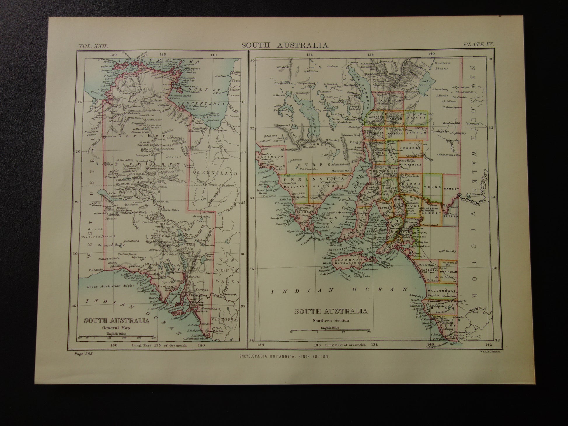 Oude landkaart van Australië met Northern Territory en South Australia in 1887