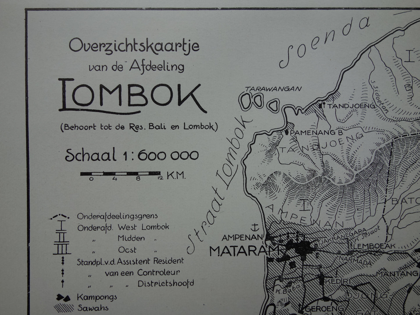 LOMBOK Oude landkaart van Lombok uit 1934 originele vintage kaart Lombok Indonesië - antieke landkaarten