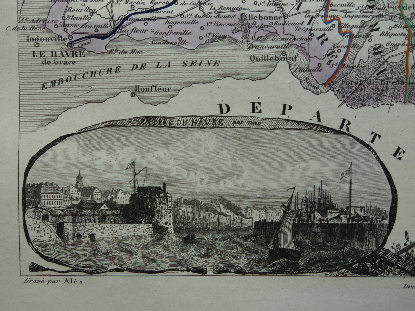 Oude kaart van Seine-Maritime departement in Frankrijk uit 1851 originele antieke landkaart Rouen Le Havre historische kaarten