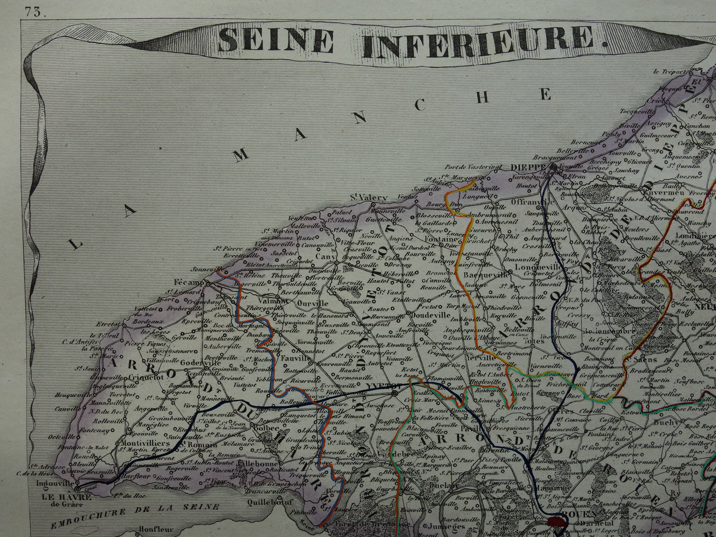 Oude kaart van Seine-Maritime departement in Frankrijk uit 1851 originele antieke landkaart Rouen Le Havre historische kaarten