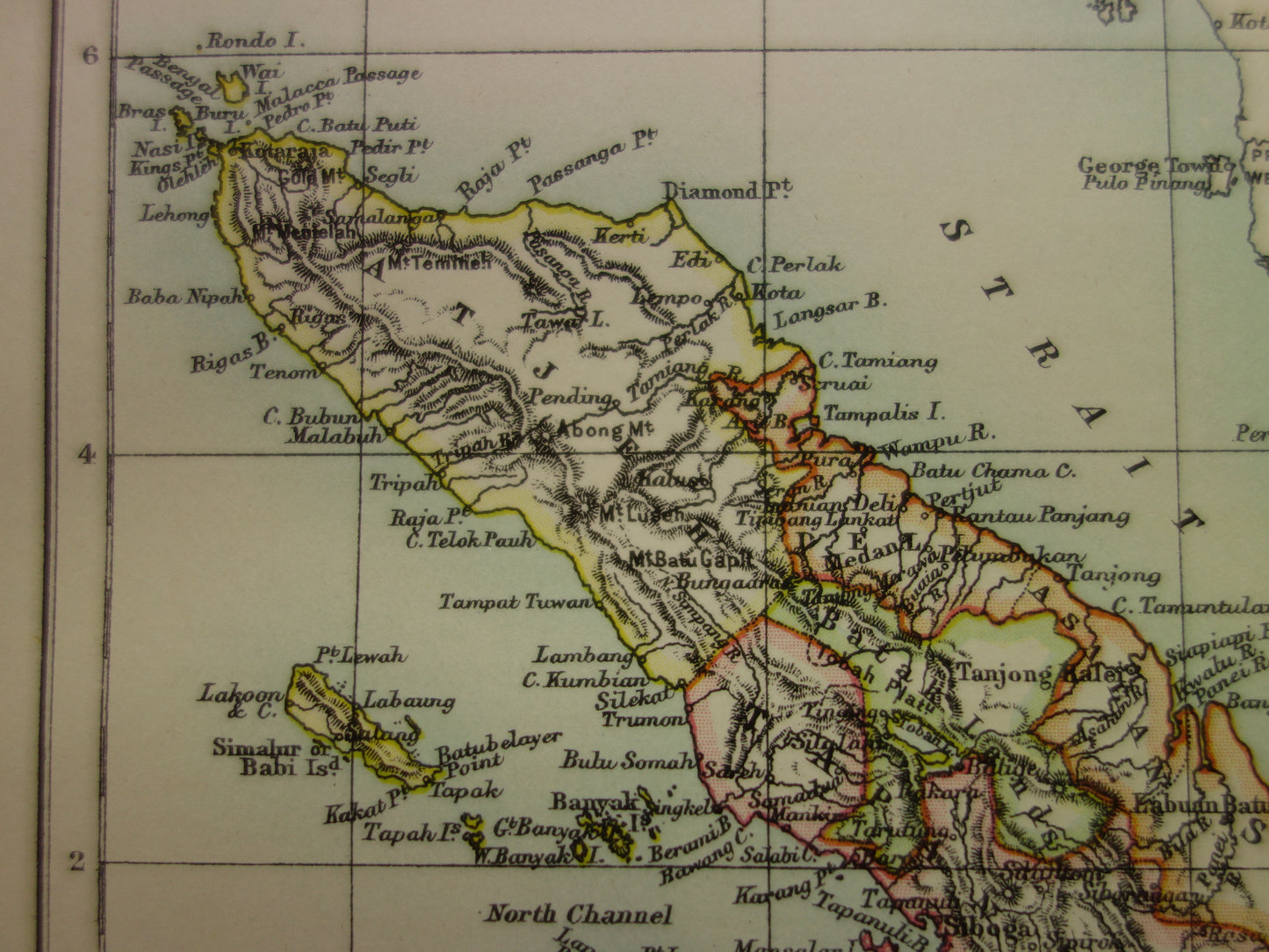 SUMATRA oude kaart van Medan Palembang Padang Indonesië 1887 originele antieke Engelse landkaart